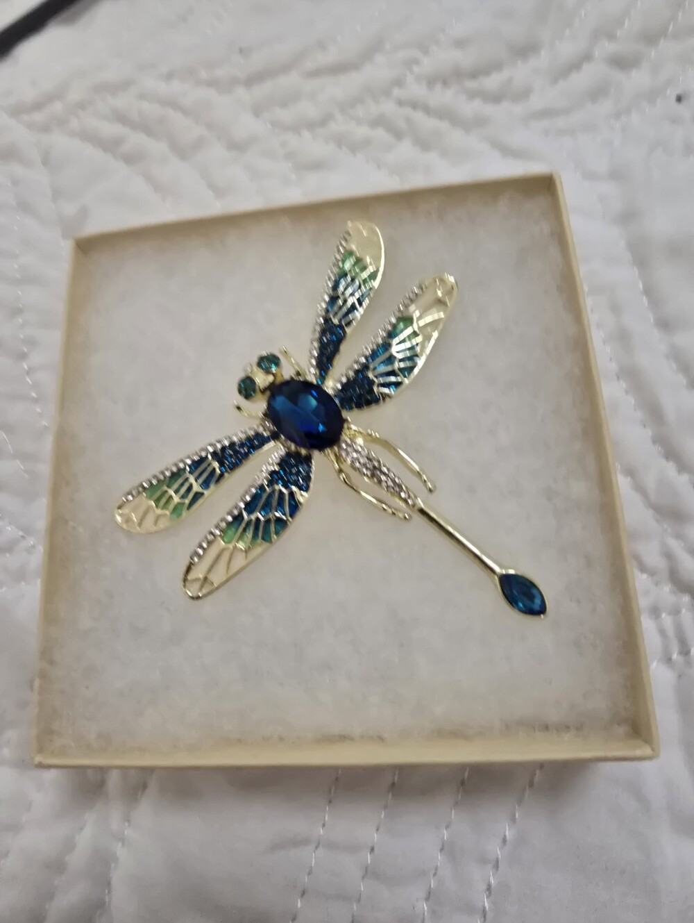 Gold-tone Blue & Green Dragonfly Beautiful Royal Blue And White Chystal Brooch.
